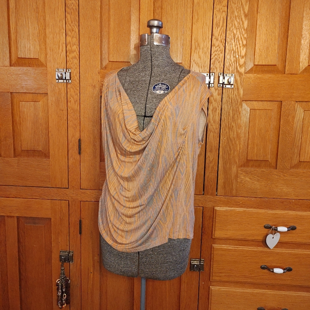 Derek Lam brown wood grain print sleeveless asymmetric draped top